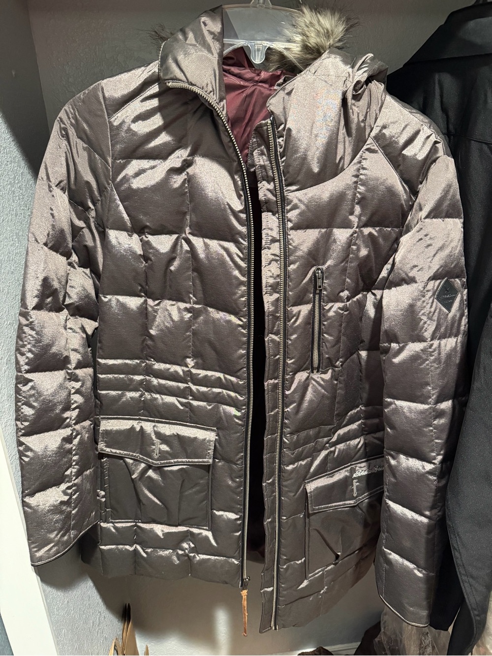 Eddie Bauer Burgundy Quilted Coat with Faux-Fur Trim - Picture 1 of 3